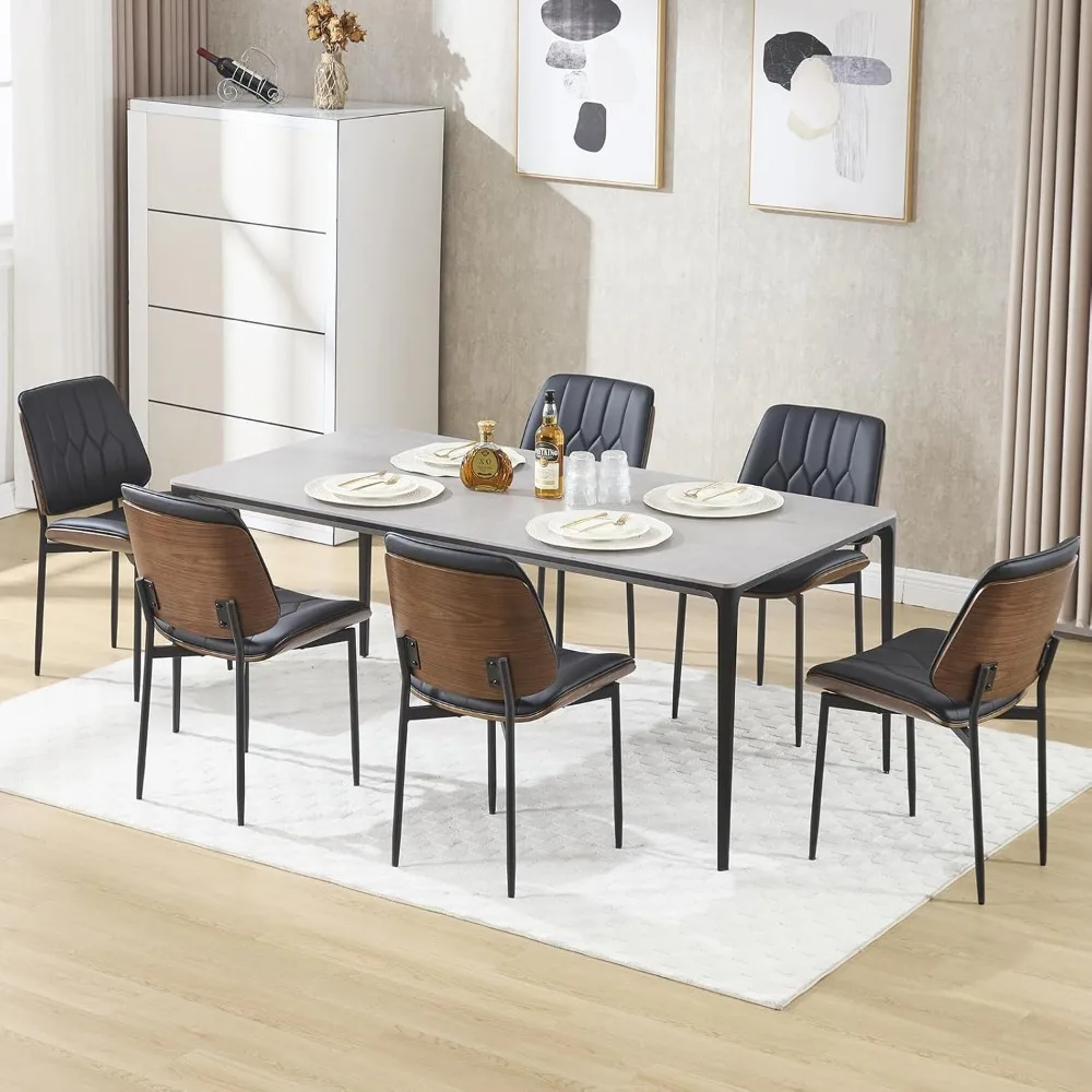 Mid Century Modern Dining Chairs Set of 6, Upholstered Pu Leather Armless Accent Chair with Walnut Bentwood Back