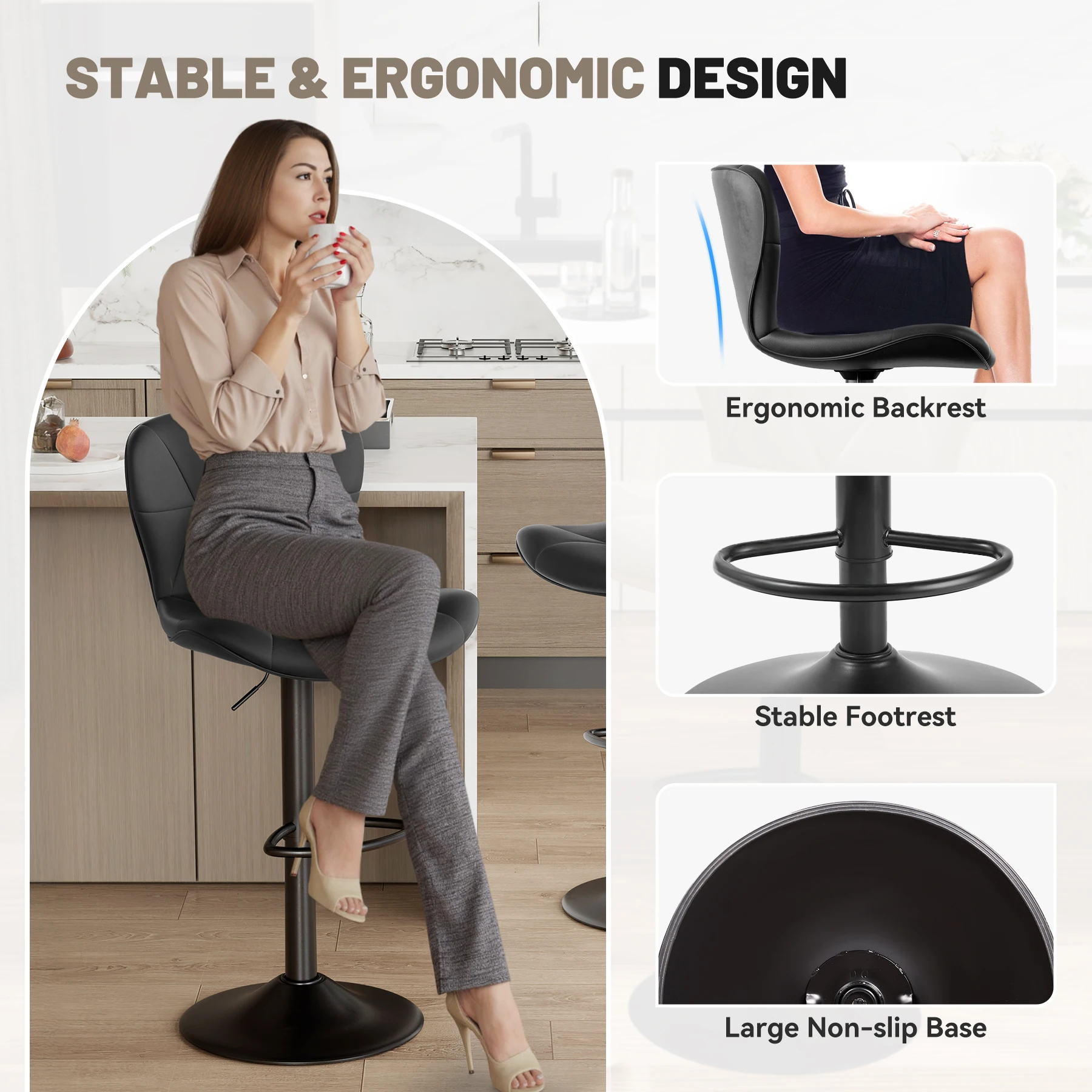 2 Pcs Bar Chair, 360 ° Rotation Adjustable Height, Faux Leather Upholstered with Backrest, Bar Furniture, for Dining Room, Kitchen - Image 5