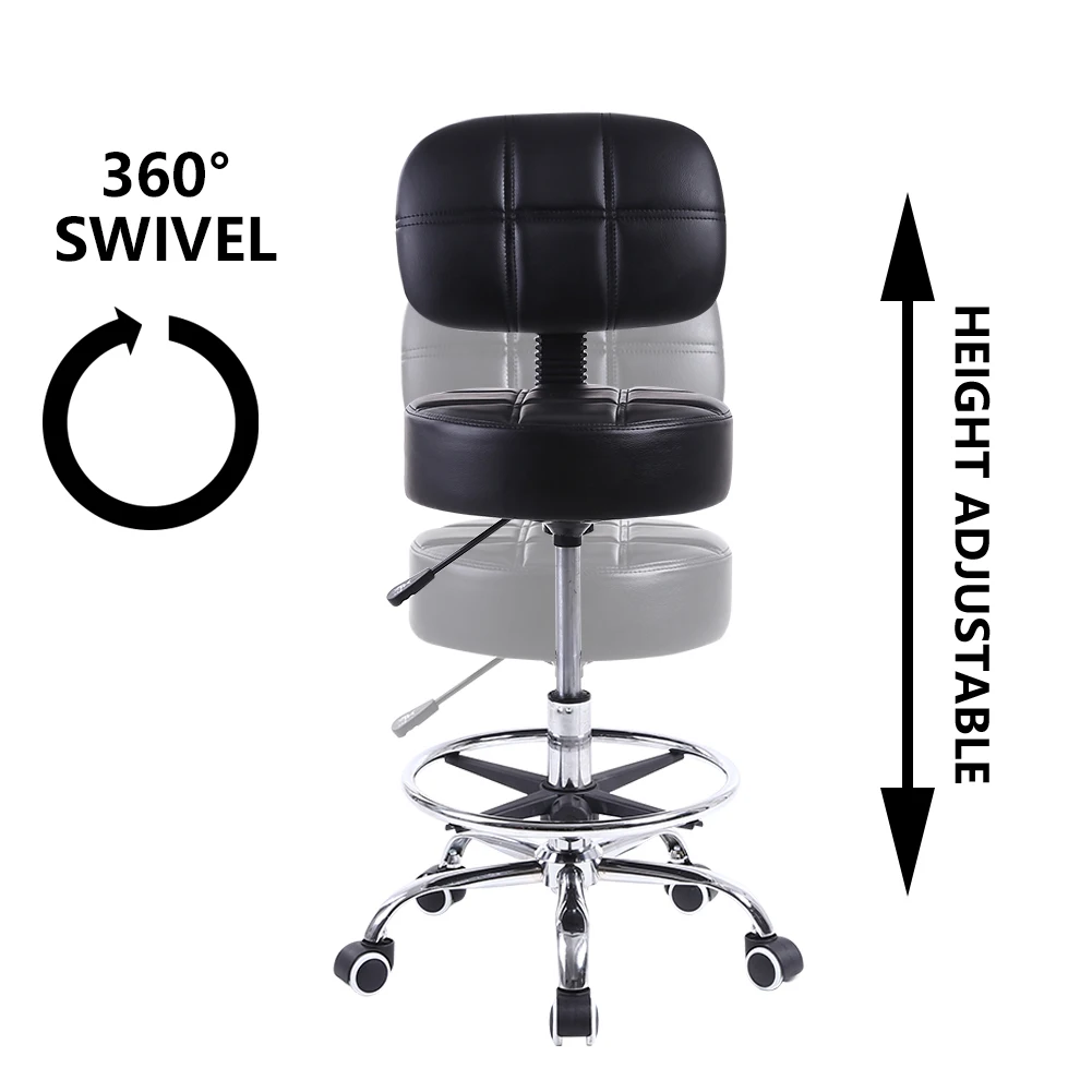 KKTONER Swivel Round Rolling Stool PU Leather with Adjustable Foot Rest Height Adjustable Task Work Drafting Chair with Back - Image 3