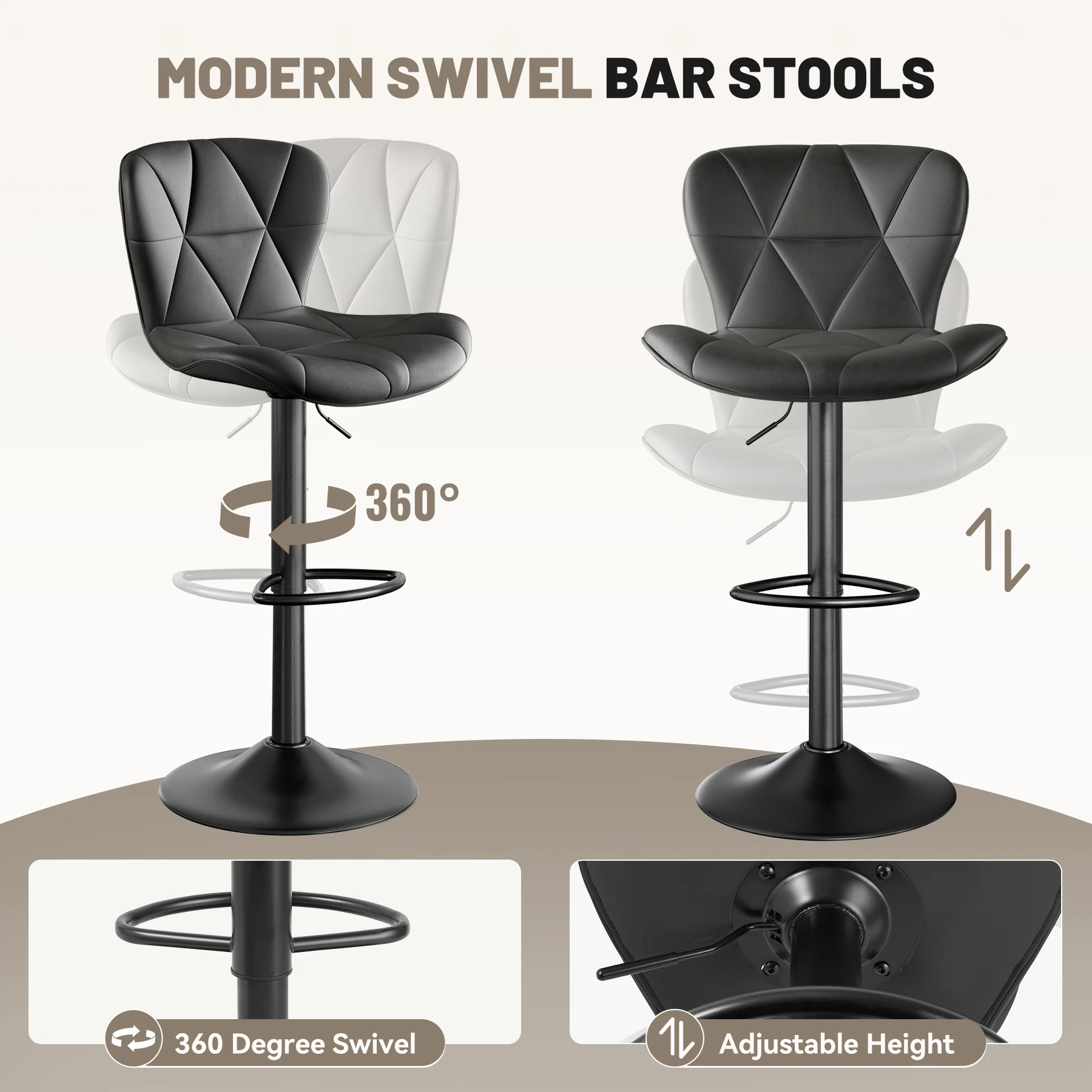 2 Pcs Bar Chair, 360 ° Rotation Adjustable Height, Faux Leather Upholstered with Backrest, Bar Furniture, for Dining Room, Kitchen - Image 4