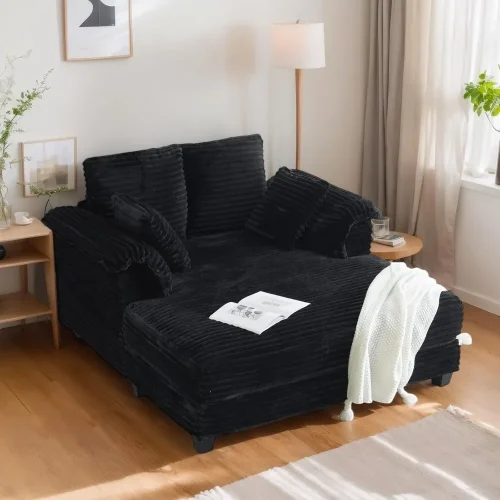 56" Oversized Chaise Lounge Chair, Black Comfy Corduroy Chaise Sofa Recliner Bed Upholstered Sleeper Couch Bed with Throw Pillow